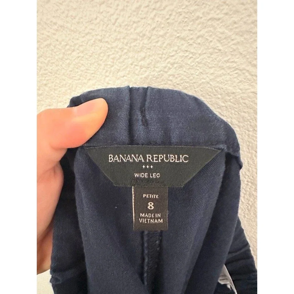 Banana Republic High Rise Linen Cotton Wide Leg Trouser Pants Prep Navy Blue 8P